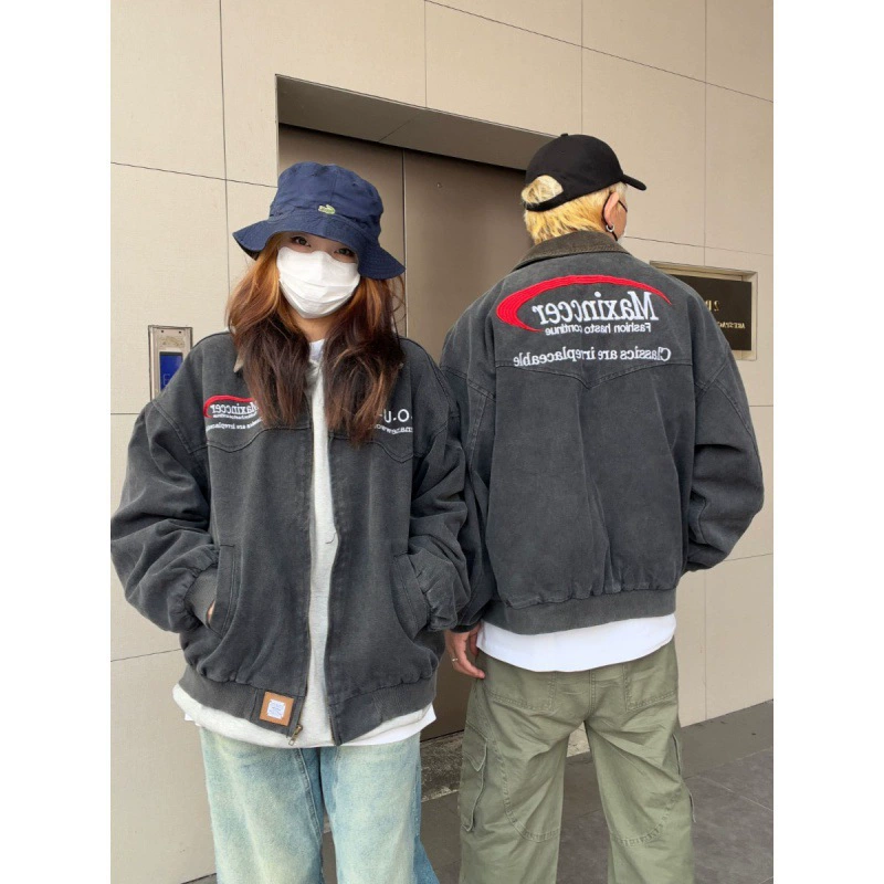 Американская ретро вышитая молния с лацканой делают старые куртки пальто для мужчин и женщин High Street vibe свободный повседневный дикий топ