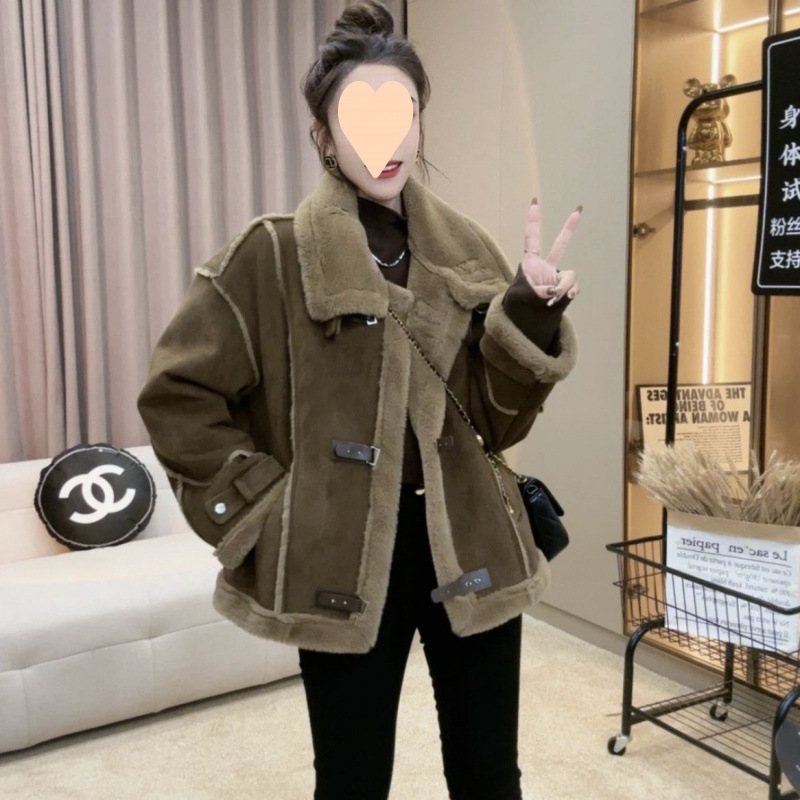 Winter New Style One-piece Suede Jacket Women's Maillard Short Bearer Suit Deerskin One-piece Top