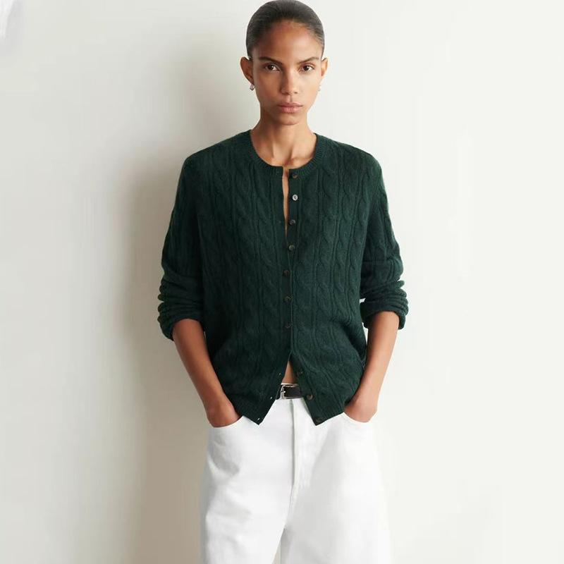 COS Women's Clothing Autumn New Standard Fit Versatile Round Neck Cable Knit Full Wool Cardigan in Dark Green COS Women's Clothing Autumn New Standard Fit Versatile Round Neck Cable Knit Full Wool Cardigan in Dark Green