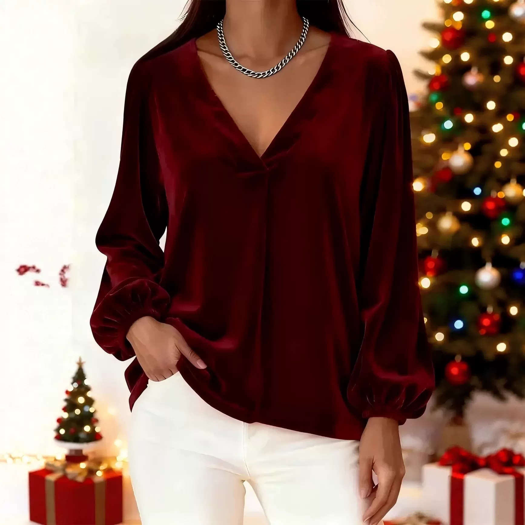 2025秋冬季跨境独立站爆款金丝绒V领气质轻奢灯笼袖T恤女士上衣无