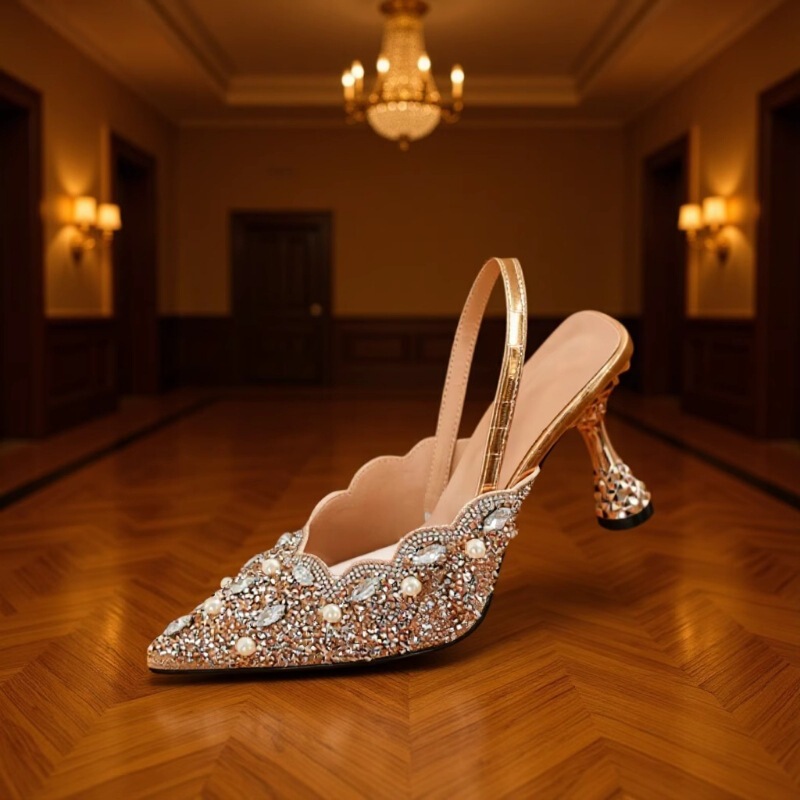 2025 Spring Pointed-Toe Princess Style Rhinestone High Heels Open-Back Stiletto Mules Women's Sandals Light Luxury Style