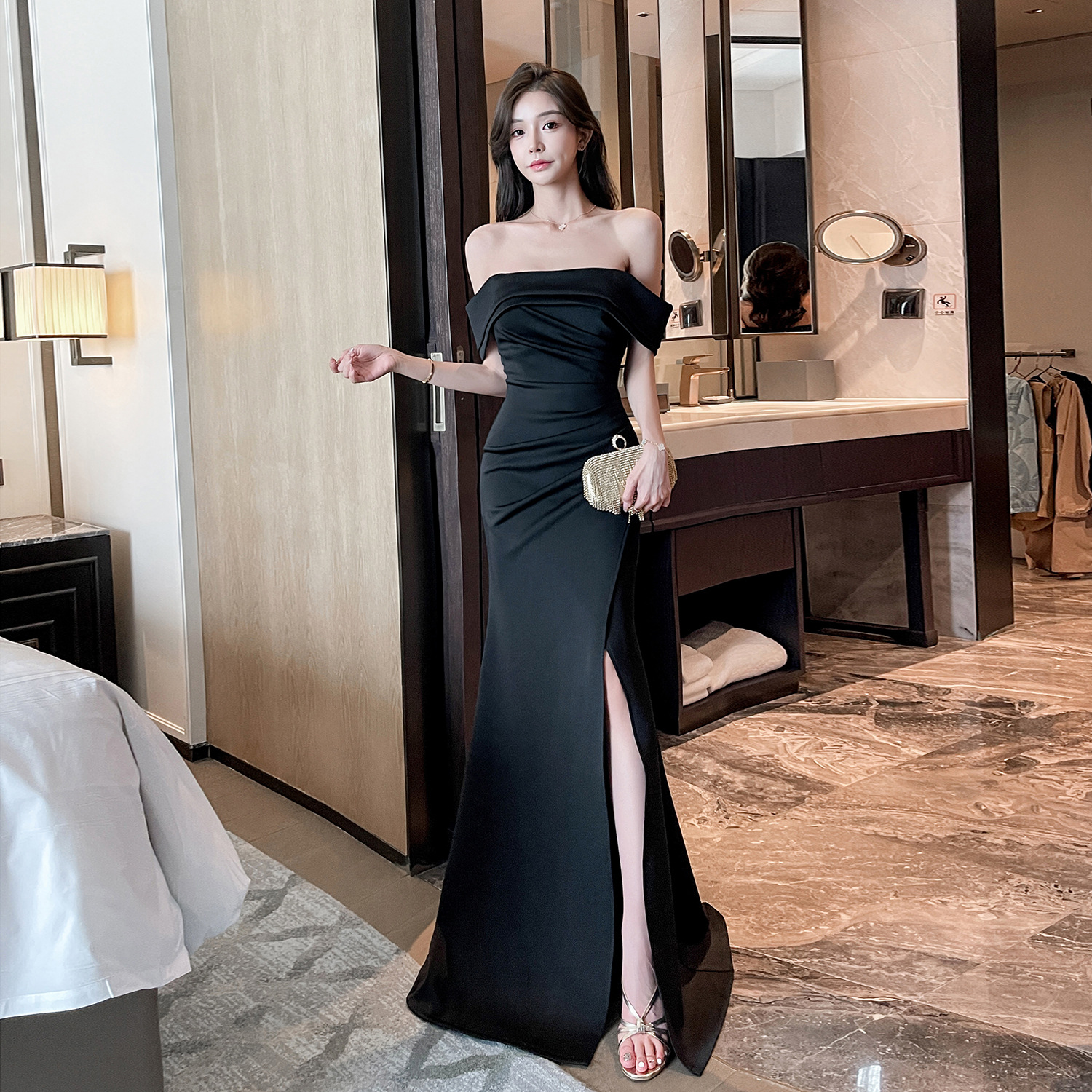 Cross-Border Southeast Asian Strapless Floor-Length Evening Dress, High-End Elegant, Sexy Slit Toast Dress, Annual Meeting Host Dress