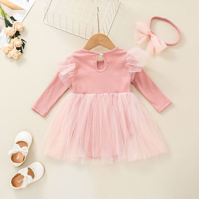 Cute Solid Color Net Yarn Long Sleeve Baby One-piece Dress Wholesale Nihaojewelry display picture 3