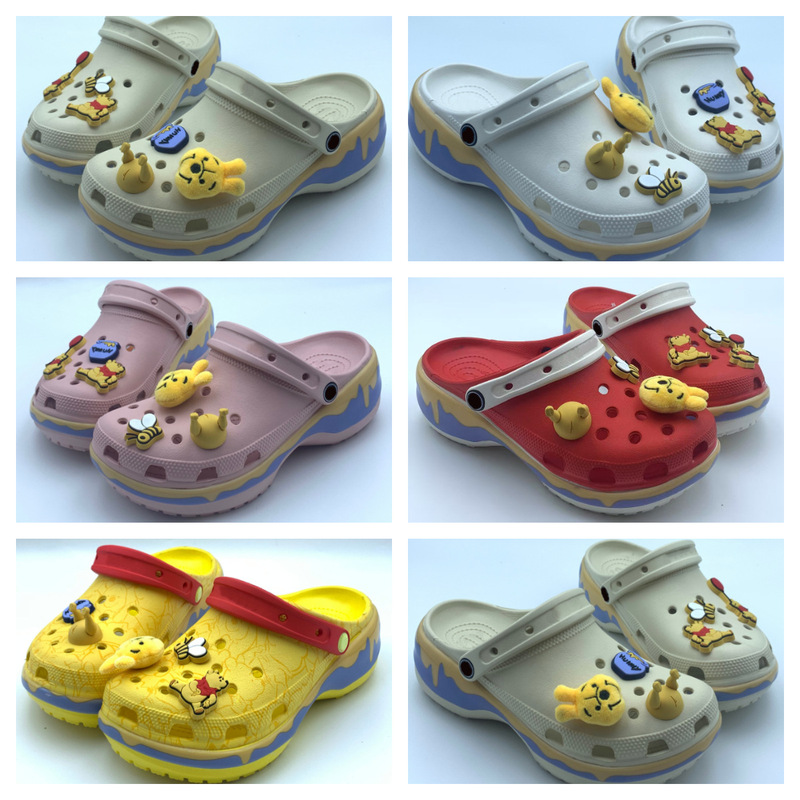 Cross New Winnie the Pooh Cloud Clogs Women's Closed-Toe Slippers Thick-Soled Height-Increasing Original Beach Shoes with Flower Decoration