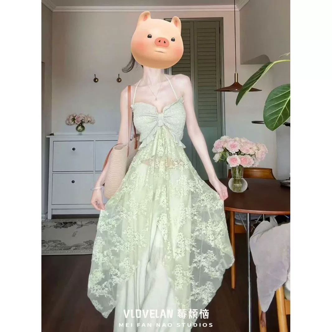 Летний комплект: мятно-зеленый кружевной топ и брюки с высокой талией и широкими штанинами в стиле морского курорта, новинка 2025 года для женщин.