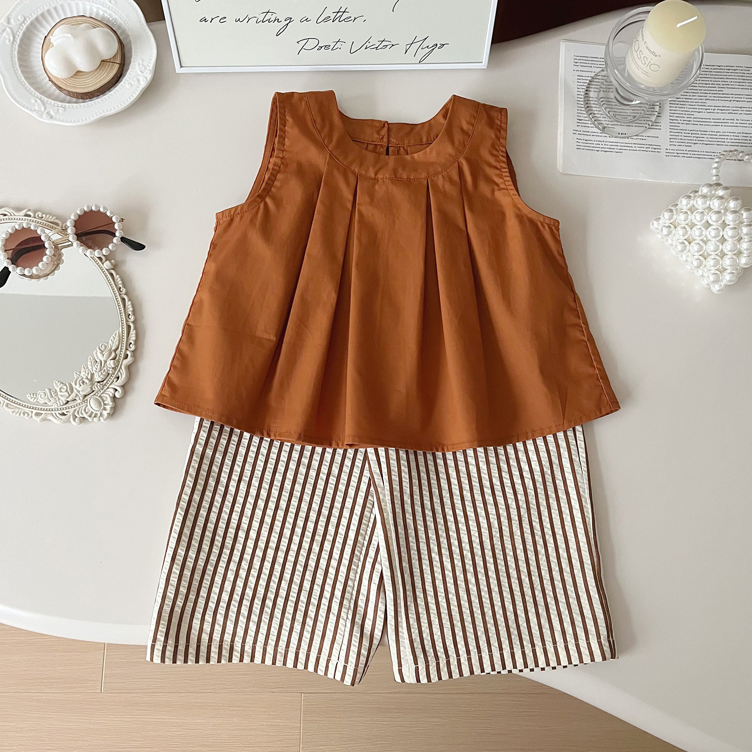 Mädchen Sommer Set Ärmelloses Oberteil Und Gestreifte Hose_voghion.com