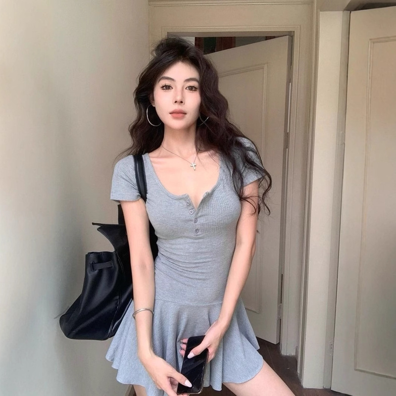 Grey U-Neck Short-Sleeved dress Women's Clothing Summer Short Waist Short Skirt Academy Style Stylist Age-Reducing A- Line Skirt