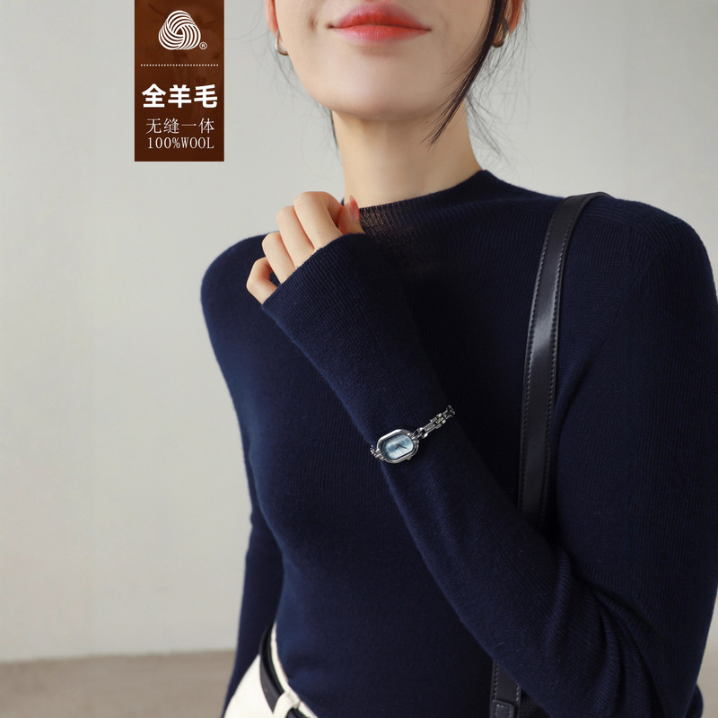 Silk Deep Navy Blue Fine-Spun Wool Seamless Half-Turtleneck Knit Sweater for Women 2025 Autumn/Winter Slim Fit Base Layer Top