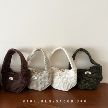 日系小众款儿童手提包 个性复古牛角扣针织包男女童毛线单肩包