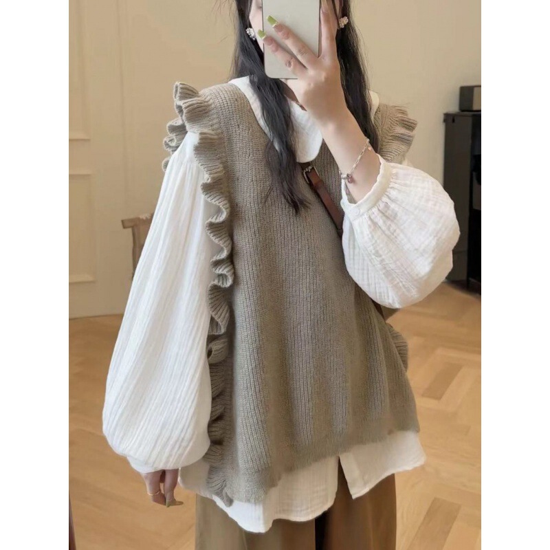 Maillard Sweater Knitted Vest Female Student Ruffled Stacked Sleeveless Vest Top Two-piece Suit