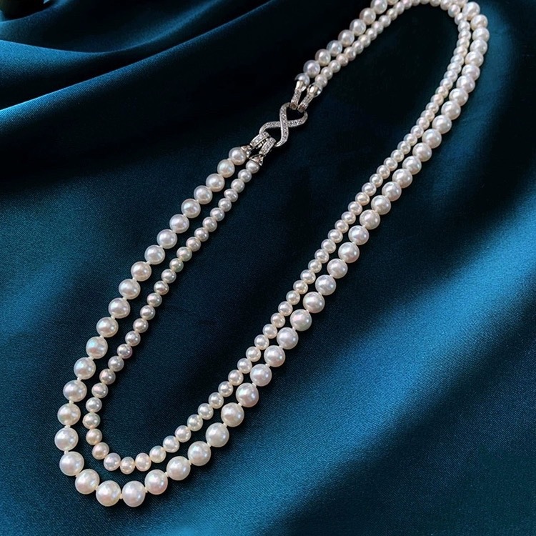 4-8淡水珍珠近正圆淡水双层珍珠项链可做长款毛衣链 简约复古成品