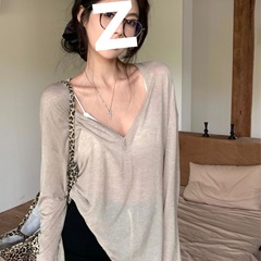 休闲慵懒宽松爵士防晒罩衫美式长袖v领上衣松弛感薄款微透T恤女夏