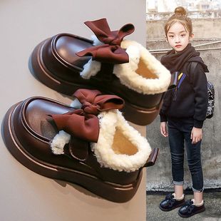 Girls Shoes Cotton Shoes 2024 Autumn and Winter Children's Big Cotton Warm Shoes Girls fleece-lined Thickened Winter Princess Leather Shoes