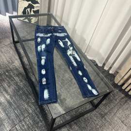 欧美街头hiphop涂鸦印花印染水洗阴阳拼接青年高街小脚牛仔裤破洞