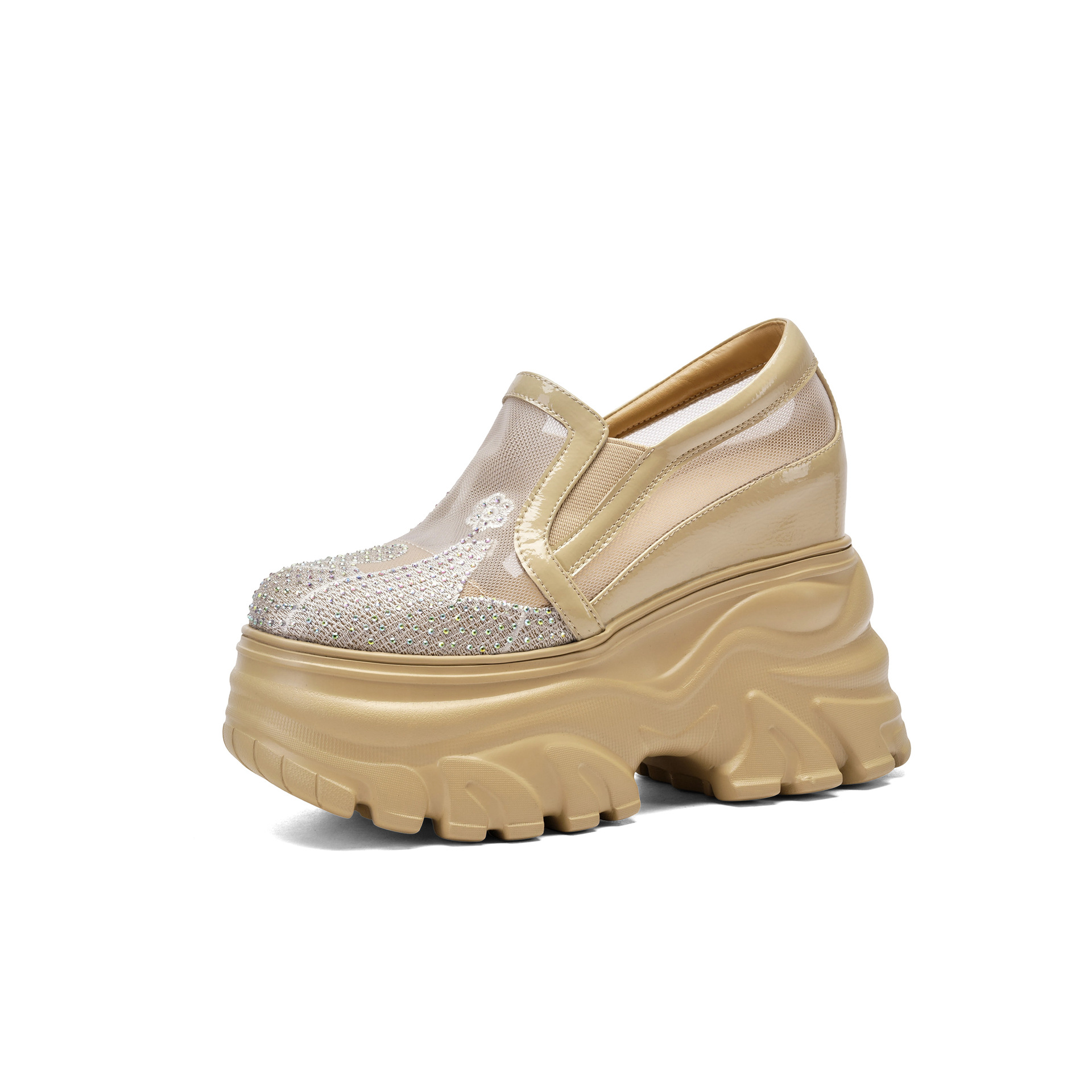 Giày sneaker platform nữ đế dày 12cm, lưới thoáng khí, phong cách loafer lỗ xỏ — Màu đen