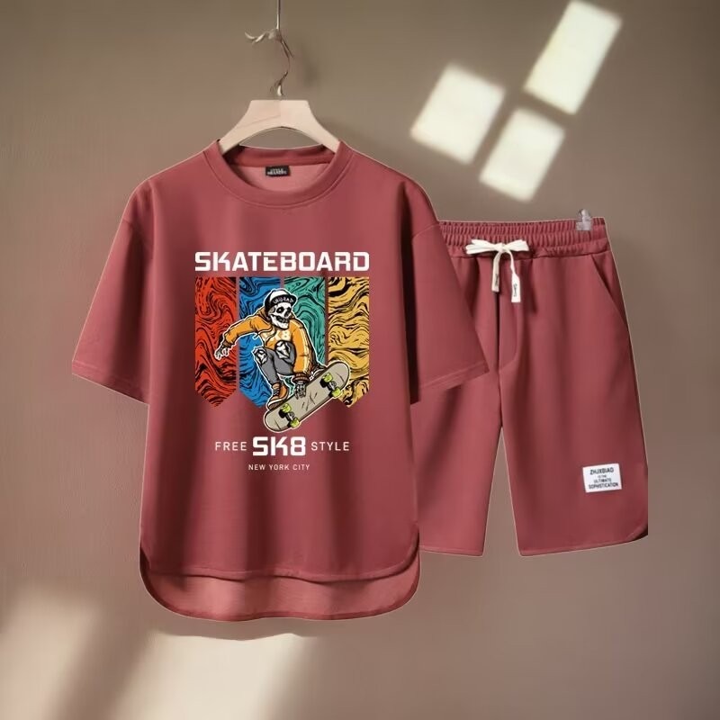 Men's Clothing 2024 Waffle Casual Summer Suit Men's Loose Teen Short sleeved T shirt Shorts Handsome Two piece Suit_desvips.com