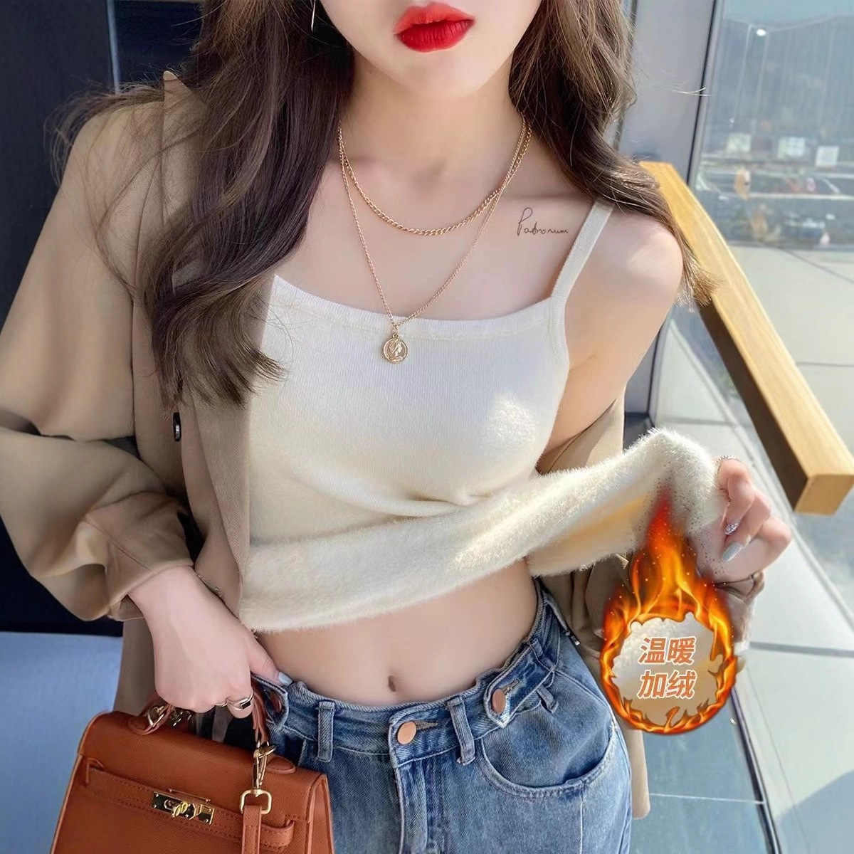 加绒加厚小吊带背心女2025秋冬季新款内搭一体绒保暖贴身打底上衣