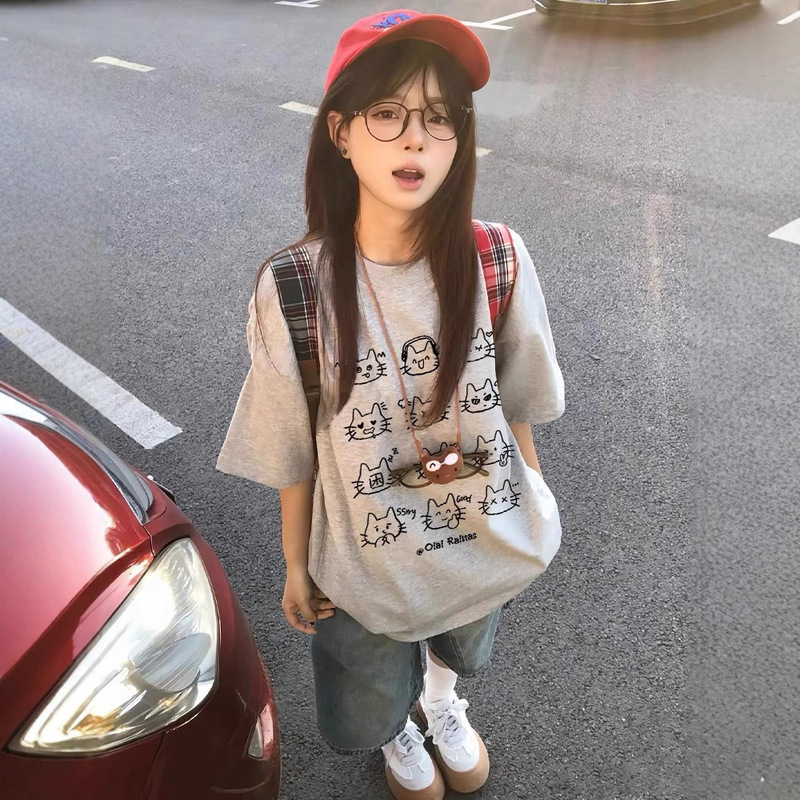 American Retro Gray Pure Cotton Short-Sleeve T-Shirt for Women, Summer 2026 New Design, Niche Loose Half-Sleeve Top, Trendy