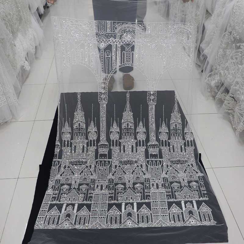 新款钉珠亮片珠片绣宫廷城堡蕾丝面料高档礼服婚纱背景墙装饰面料