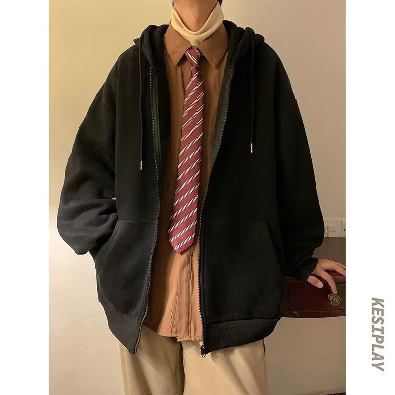 블랙 솔리드 컬러 지퍼 가디건