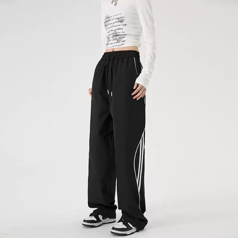 高街直筒休闲长裤男春夏季宽松薄款运动束脚冲锋裤女条纹速干裤子