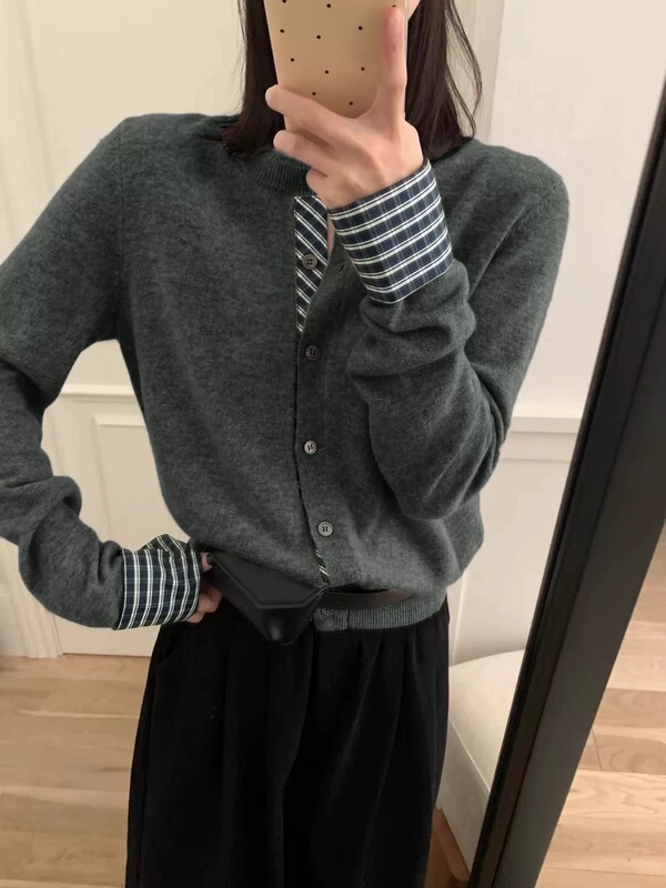 Muzilianの新しいスプライスフェイクツーピースニットセーターカーディガンセータージャケット、女性用、韓国スタイル、シンプルで多用途、シャツスリーブ|undefined