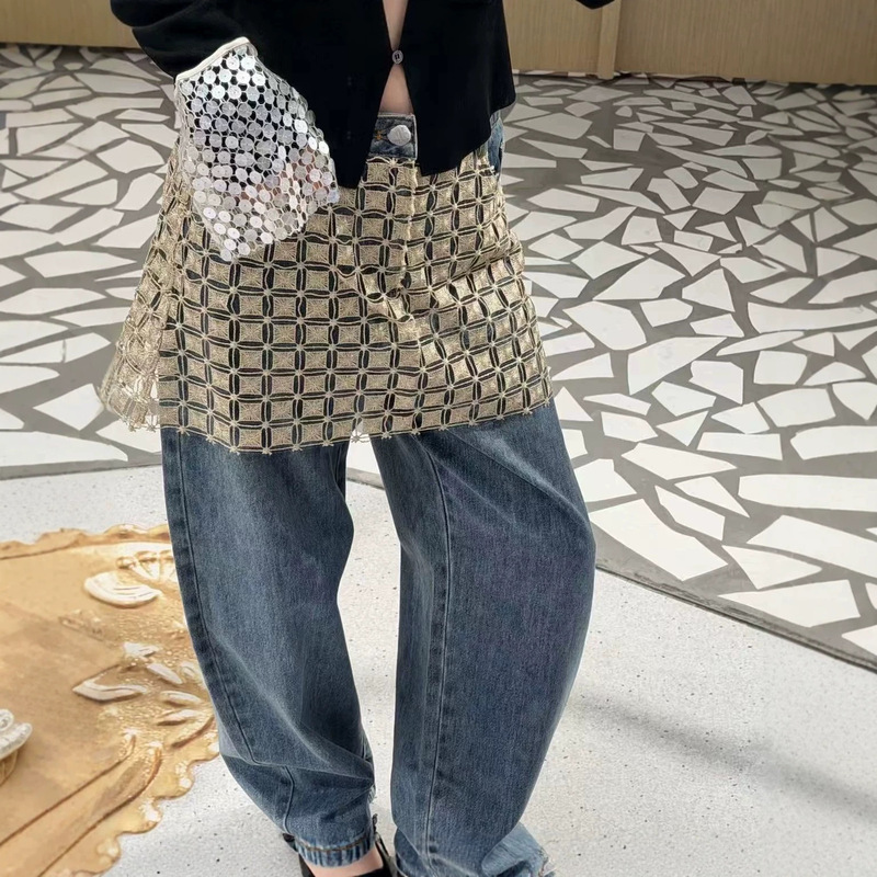 In-stock ICE boutique-style 26 autumn collection gold-colored retro patchwork loose wide-leg casual jeans In-stock ICE boutique-style 26 autumn collection gold-colored retro patchwork loose wide-leg casual jeans