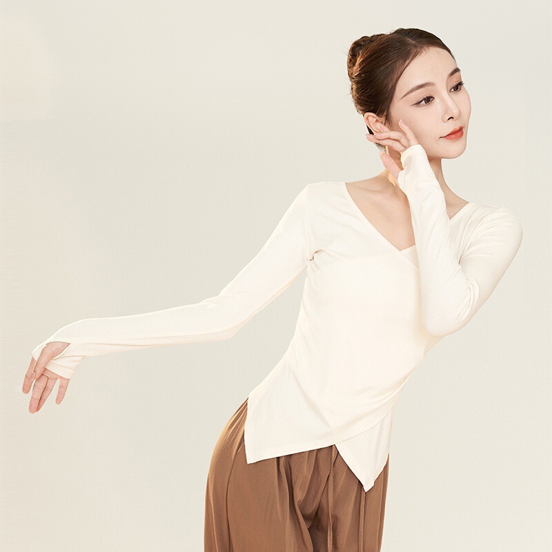 Modern Dance Clothing for Women, Long-Sleeved Cross V Neck, Slim Classical Dance Clothing, Chinese Dance Art Examination Tops, Practice Clothing