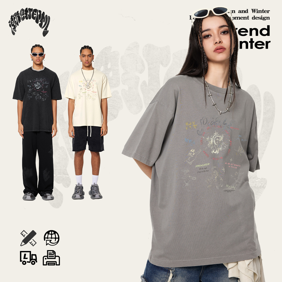 2025 primavera y verano retro marca de moda vintage lavado ángel impresión de cuello redondo pareja camiseta de calle de manga corta moda masculina