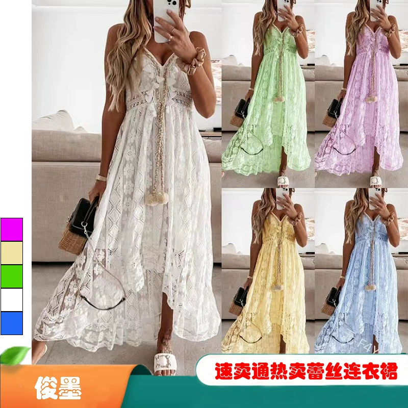 В наличии 2023 Independent Station Cross-Border Новая Европейская и американская мода Слинг Кружевное длинное платье с большой талией