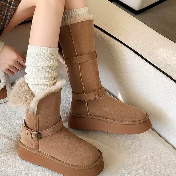 【现货发】初雪●4cm翻边加厚雪地靴女冬季保暖可拆卸中长筒棉鞋