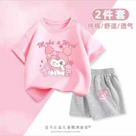 2025新款女童夏季纯棉套装中大童休闲印花短袖短裤两件套工厂批发