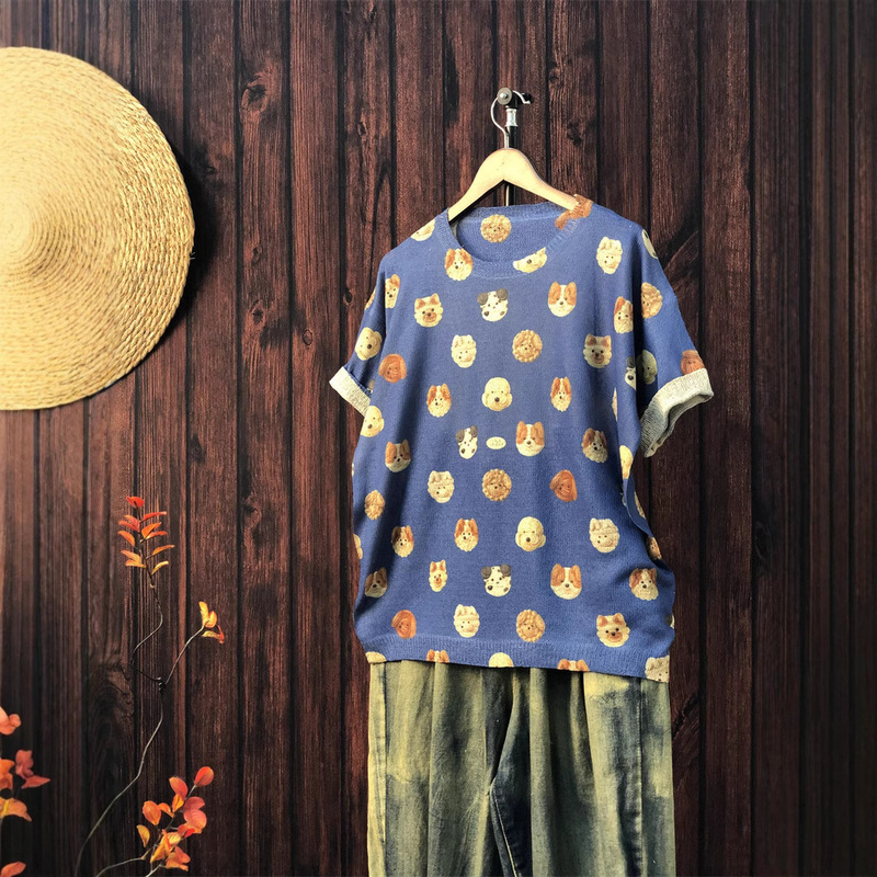 2025 Summer New Original Printed Knitwear Casual Large Size Loose Snail Mushroom Hemp Thin Women's Short Sleeves