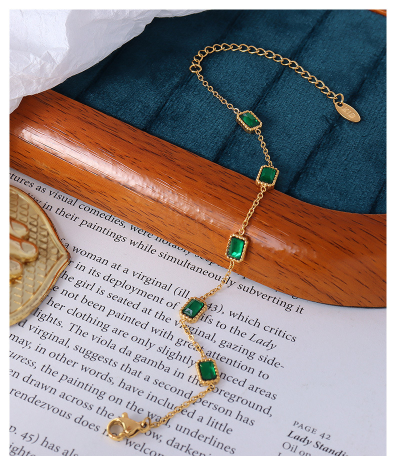 European and American inlaid emerald zircon gold square titanium steel bracelet