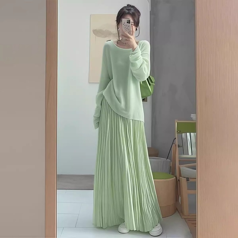 春秋穿搭一整套女新款时尚百搭网红宽松绿色上衣半身裙两件套装潮|undefined
