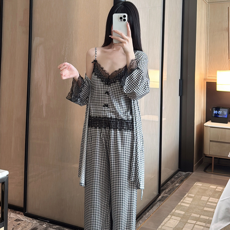 Summer Women's Pajamas Sexy Ice Silk Pure Desire Style Camisole Long Pants Nightgown Spring and Autumn Wearable Home Wear Three-Piece Thin Set