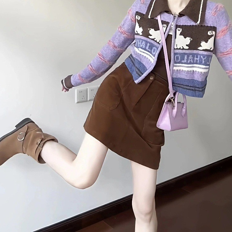 韩系学院风套装女秋冬新款费尔岛针织开衫外套高腰半身裙两件套潮