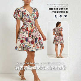 2026夏季新款欧美风花卉印花V领收腰大码A字连衣裙女跨境工厂批发