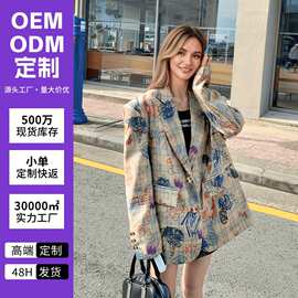 欧美跨境亚马逊涂鸦格纹个性西装外套女宽松廓形显瘦百搭休闲上衣