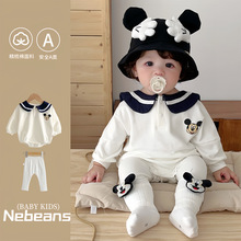 正品卡通海军领米奇三角包屁衣秋季新品婴儿A棉柔软造型套装哈衣