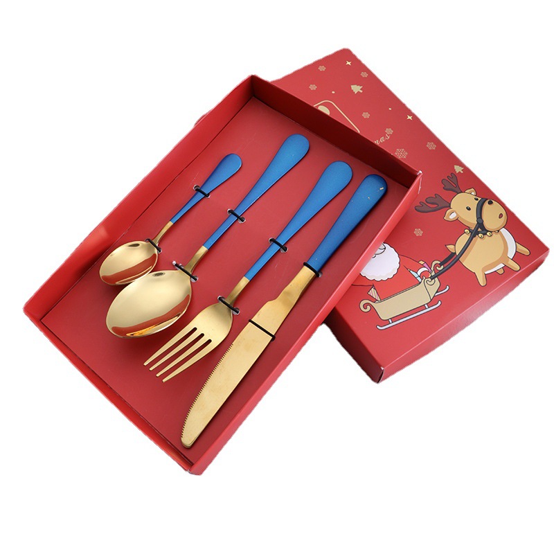 Amazon transfronterizo caja de regalo de Navidad cuchillo de acero inoxidable, tenedor y cuchara cuchillo de carne de cuatro piezas y tenedor cuchara de comida principal puede ser logotipo personalizado