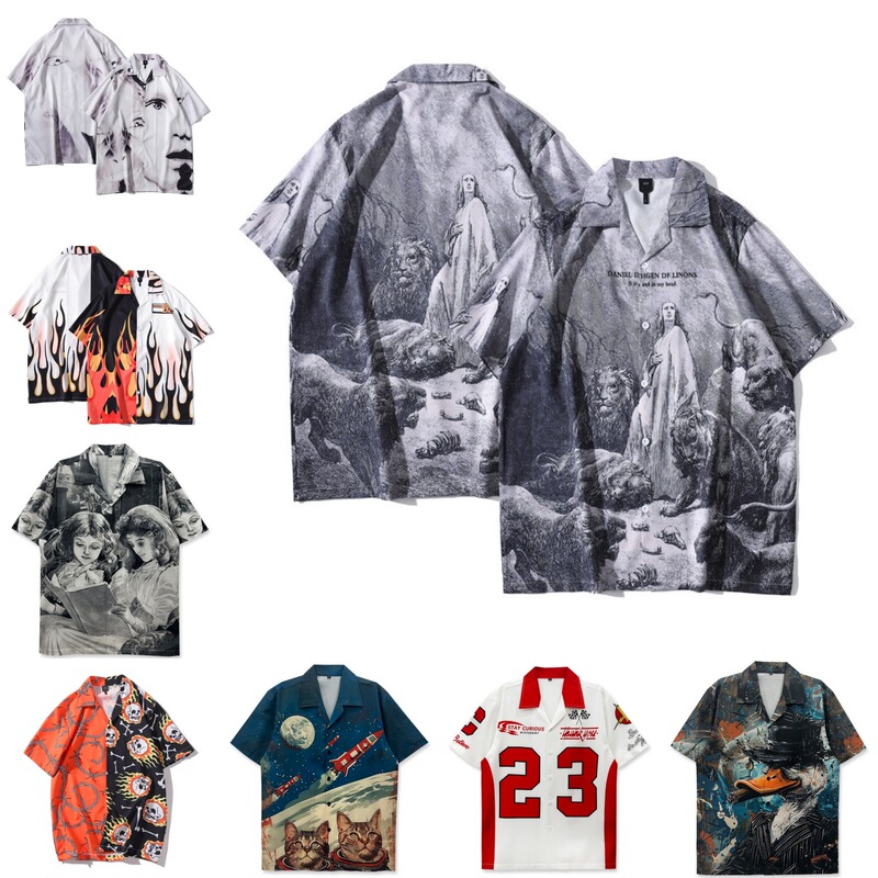 Cross-Border Vintage Retro Digital Print Shirt Couple Short-Sleeved Thin Loose Lazy Style Beach Shirt for Men