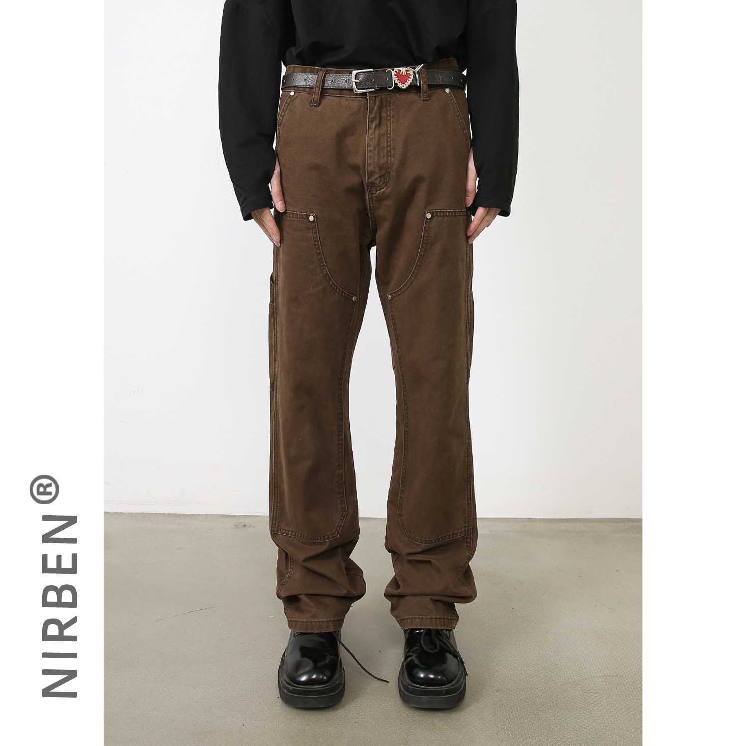 nirben牛仔|美式复古工装裤男ins潮牌宽松工装裤情侣水洗休闲裤子