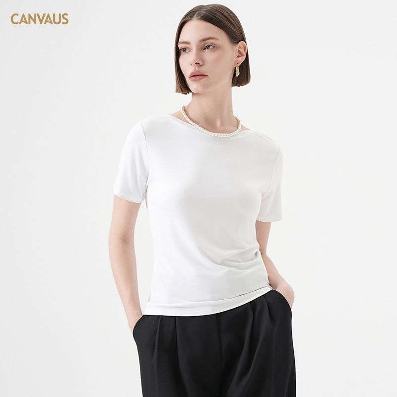 CANVAUS verano simple y suave camiseta glutinoso para mujer nueva versión coreana de color sólido cuello de una línea casual de manga corta jersey para mujer