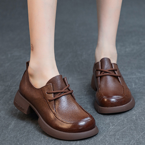 Women's Single Shoes  Autumn New Thick Heel Soft Sole Washed Full Grain Soft Calfskin Retro Style Women's Laced Deep Mouth Shoes
