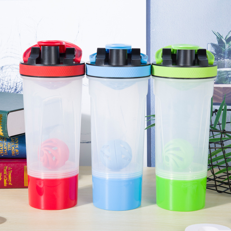 Double-layer protein powder box with handle shake Cup stirring ball gym water cup can be fixed logo with tea compartment