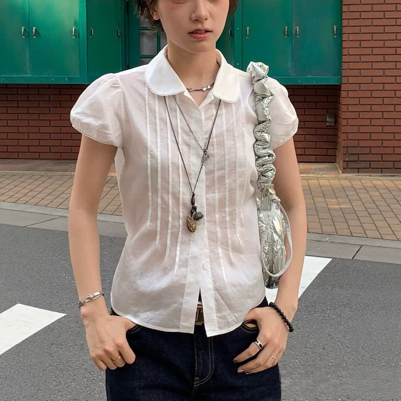 Korean-style doll shirt short-sleeve top, lyocell satin feel, Peter collar, lace-up short-sleeve white shirt 6203