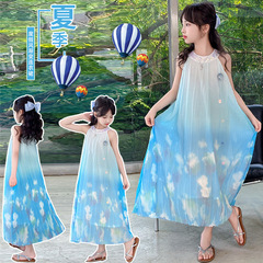 Girl's Vacation Style Print V-Neck Dress 2024 New Loose Minority A-Line Skirt Summer Medium-Length Skirt
