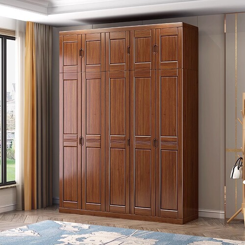 Chinese walnut wardrobe modern minimalist bedroom home large wardrobe three, four, five and six doors solid wood storage wardrobe