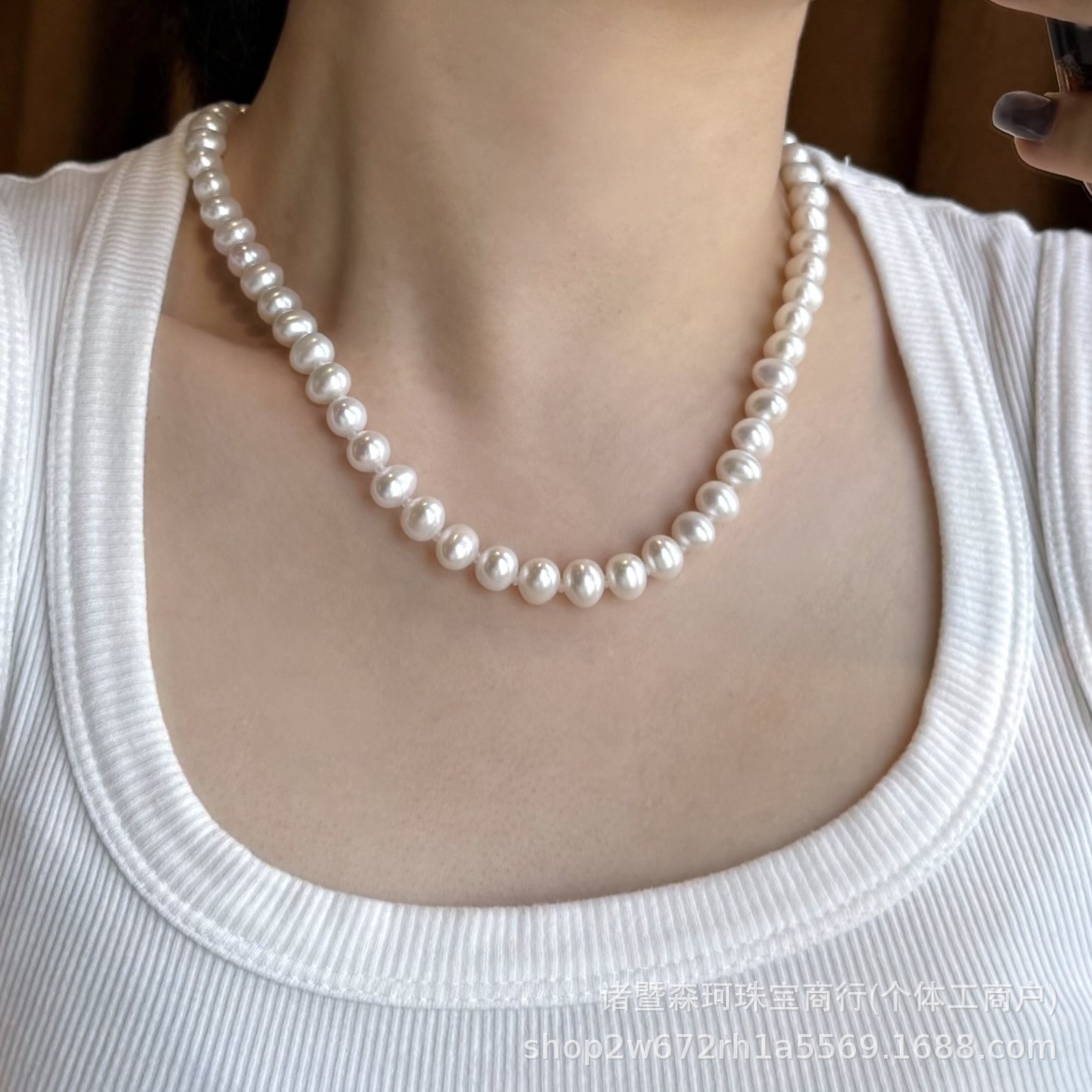 Freshwater Seedless Pearl Necklace 7-8mm Nearly Round Strong Light High Quality Cost-Effective Mother Chain Sweater Chain with Slight Flaws